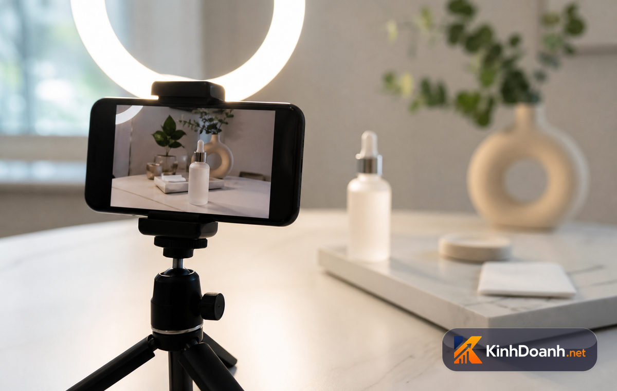 Một nhà sáng tạo nội dung quay video review sản phẩm bằng điện thoại để bán hàng affiliate