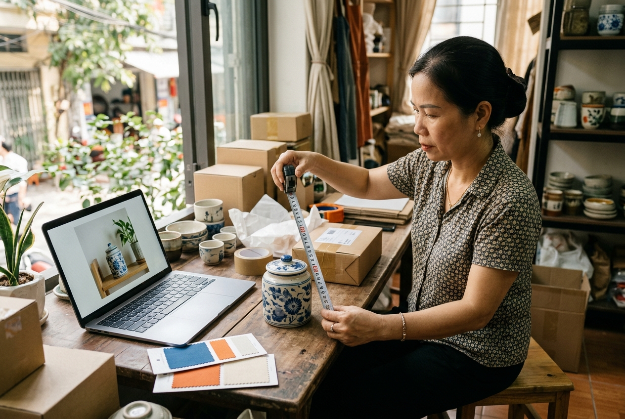 Chủ shop đối chiếu sản phẩm thật, thước đo và ảnh bối cảnh trước khi đăng bán
