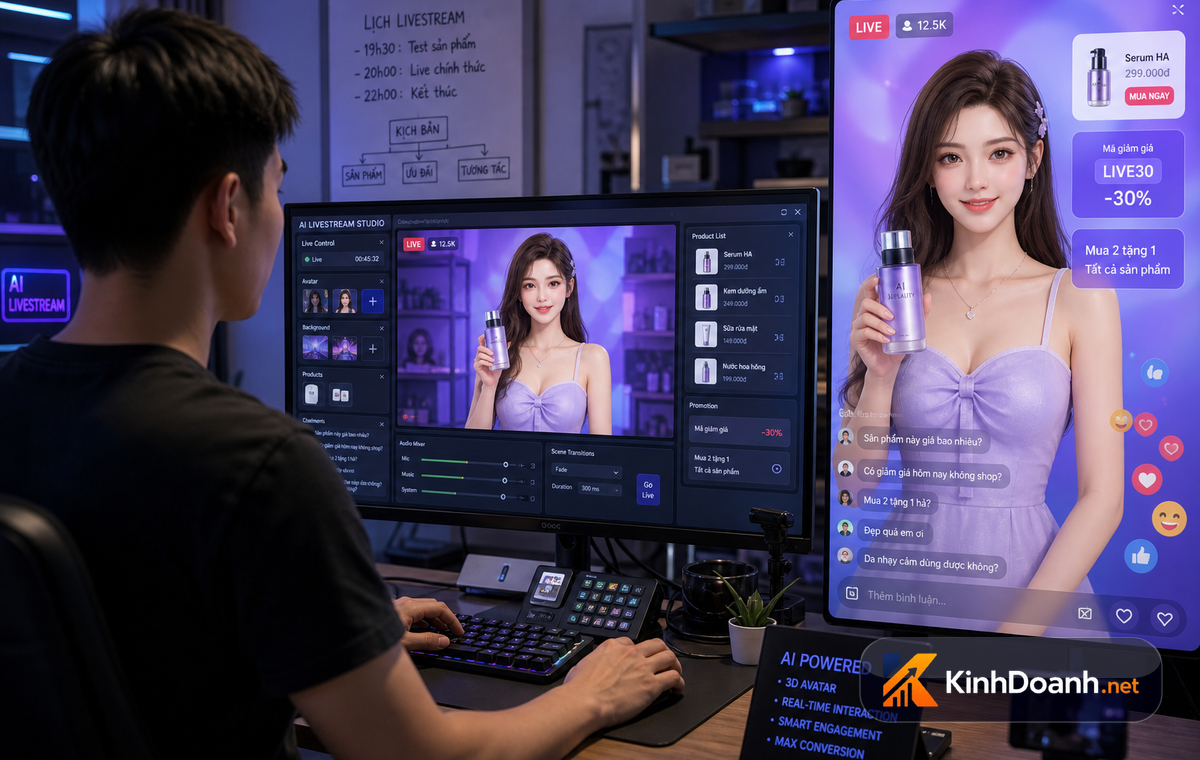 Sự kết hợp giữa người thật quản lý đằng sau và AI phát sóng phía trước