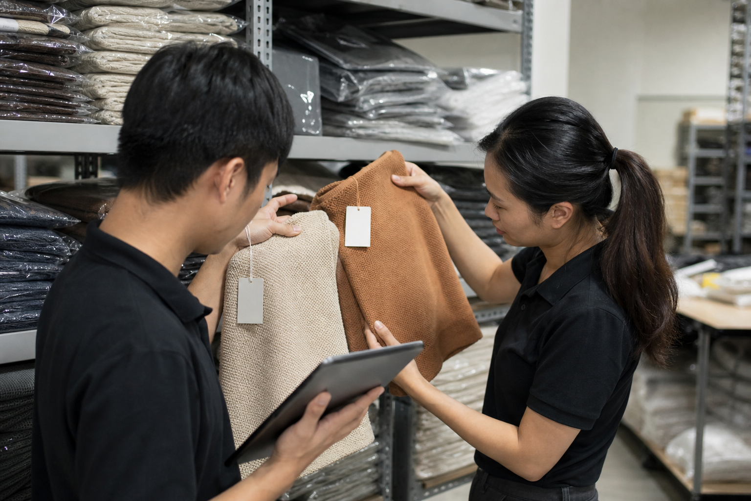 Nhân viên shop đối chiếu tông màu và size sản phẩm thật trên kệ trước khi xác nhận với khách
