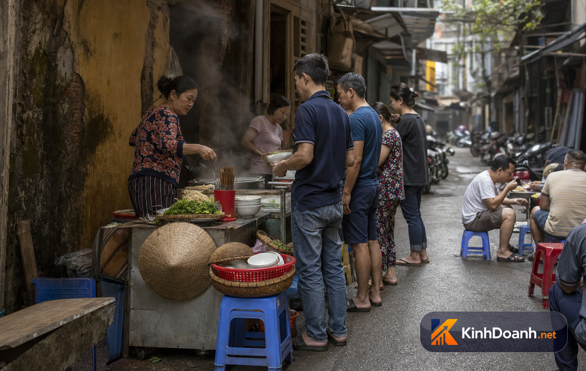 Bà bán hàng rong đi qua hẻm Sài Gòn buổi sáng với khách quen
