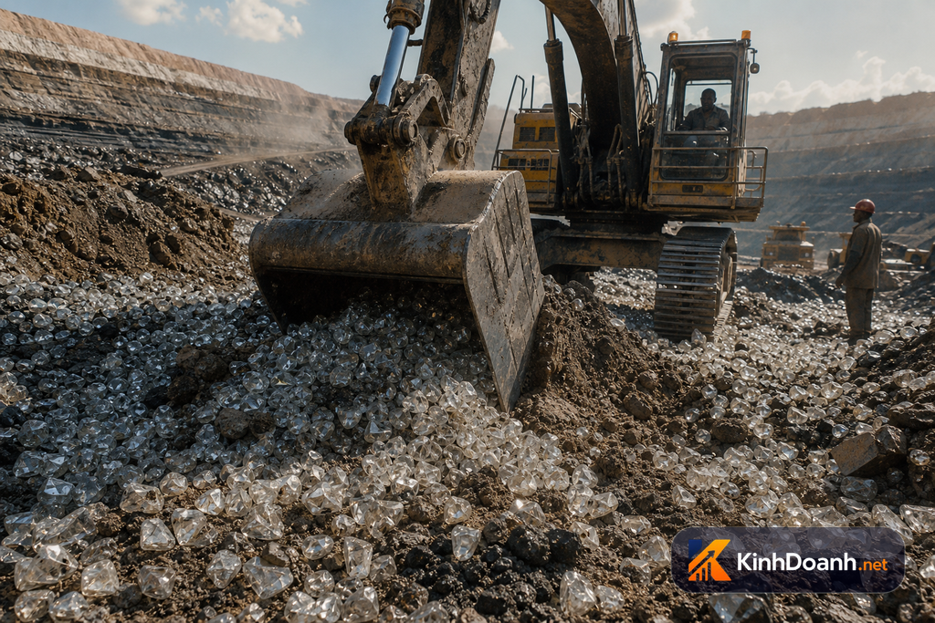 Máy xúc kim cương thô lẫn đất đá trong mỏ lộ thiên châu Phi