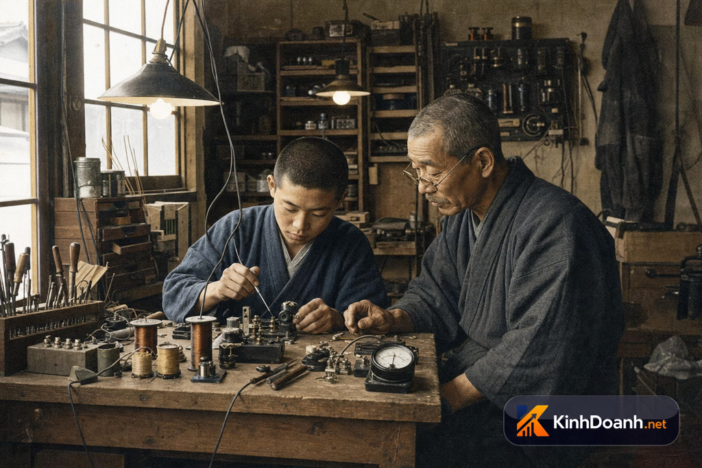Người thợ trẻ học nghề trong xưởng nhỏ với dụng cụ và linh kiện đơn giản