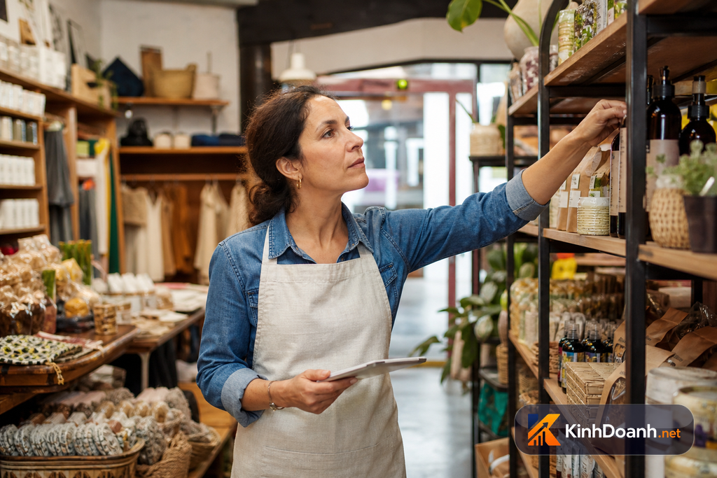 Chủ shop kiểm kệ hàng, bảng giá và tồn kho để giữ giá tốt bền vững
