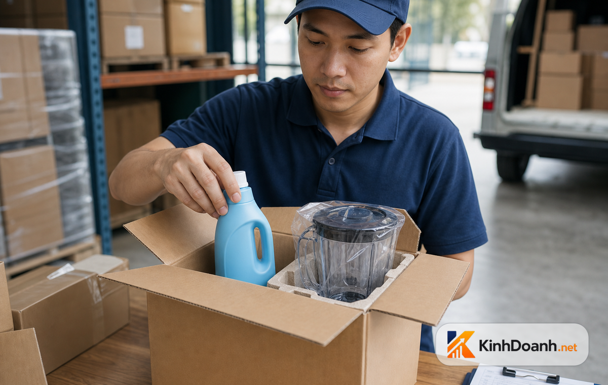 Nhân viên đóng gói hàng hóa bỏ thêm các món phụ kiện nhỏ vào hộp giao hàng