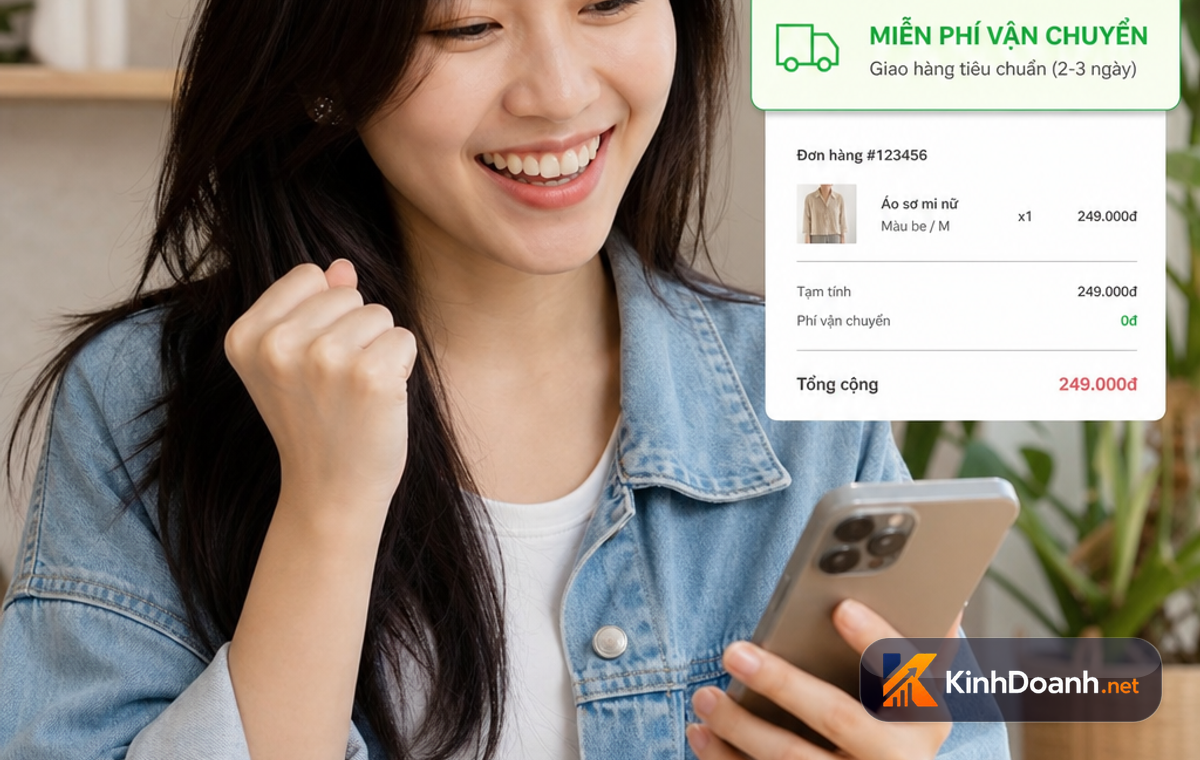 Khách hàng nữ đang cầm điện thoại vui vẻ nhắn tin chốt thêm đồ để được freeship