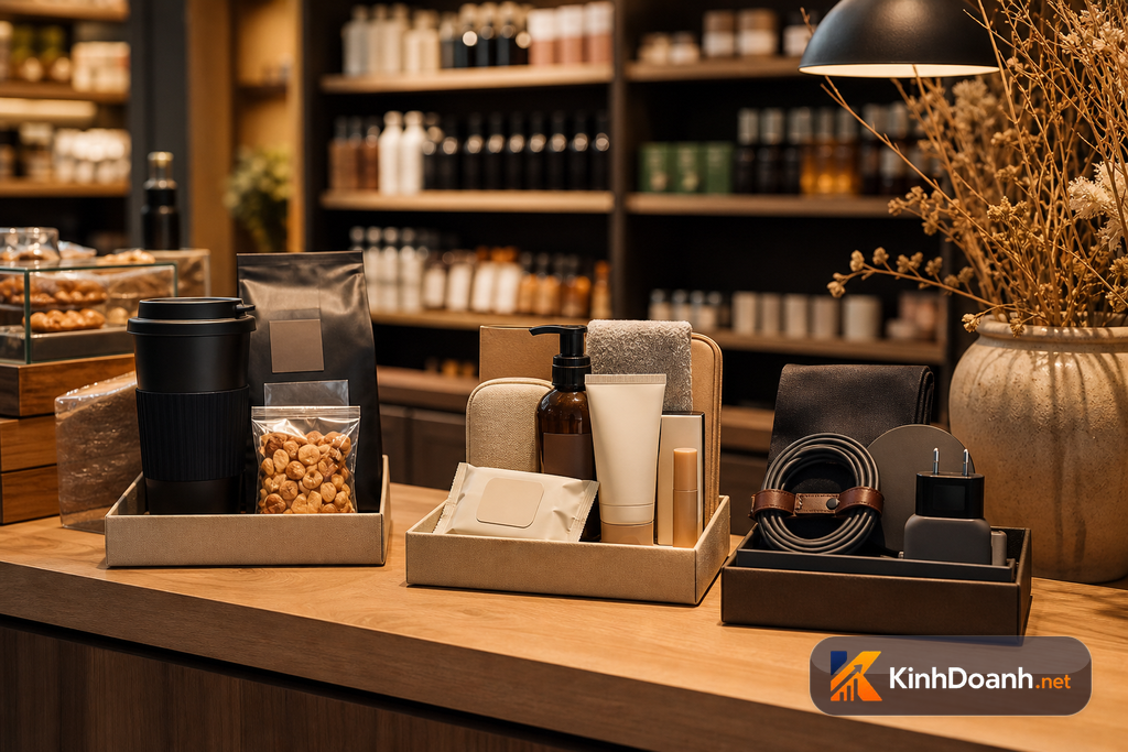 Chủ shop xếp combo sản phẩm trên bàn với biểu đồ AOV và lợi nhuận dạng abstract