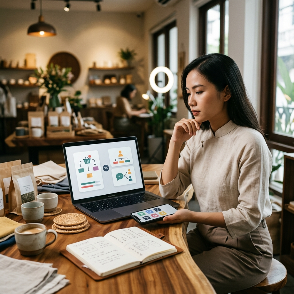 Chủ shop nhỏ so sánh các kênh bán online để chọn kênh đầu tiên