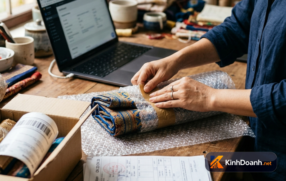 Người bán Việt Nam đóng gói sản phẩm xuất khẩu cho khách quốc tế