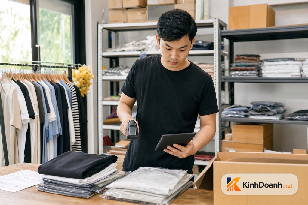 Nhân viên shop kiểm tồn kho theo mã mẫu màu size trước khi đóng gói đơn đa kênh