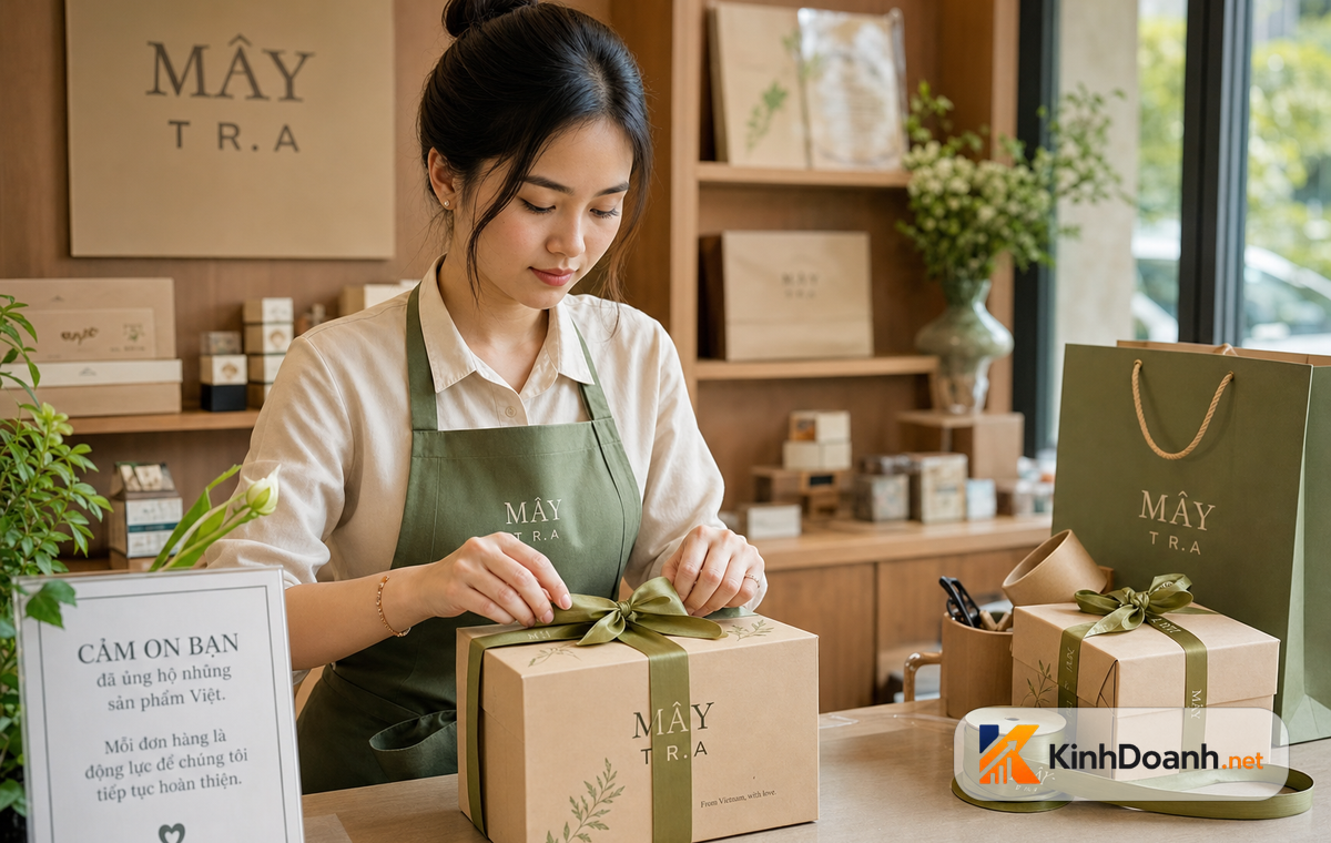 Người bán hàng đang tập trung vào thiết kế trải nghiệm hộp quà cho khách