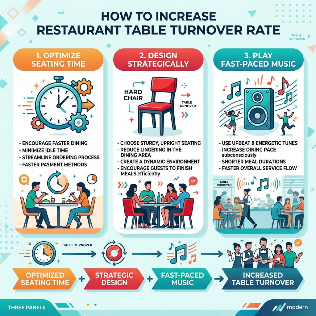 Sơ đồ infographic so sánh vòng quay bàn của quán ăn nhanh (ghế cứng, nhạc nhanh, màu đỏ) và quán cafe thư giãn (sofa, nhạc lofi, ánh sáng ấm)