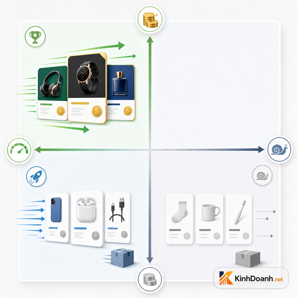 Bảng phân nhóm SKU theo biên cao thấp và tốc độ bán bằng icon không chữ
