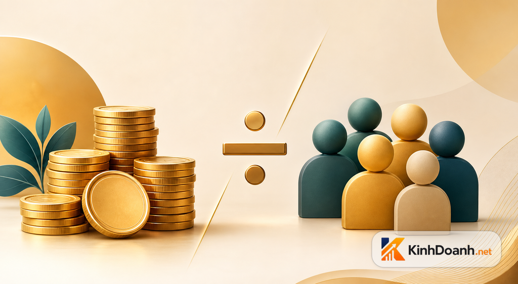 Công thức CAC bằng chi phí kéo khách mới chia khách hàng mới với icon tiền ads và người mới không chữ