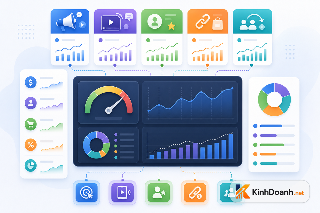 Bảng theo dõi CAC theo kênh ads livestream KOC referral bằng biểu đồ và icon không chữ
