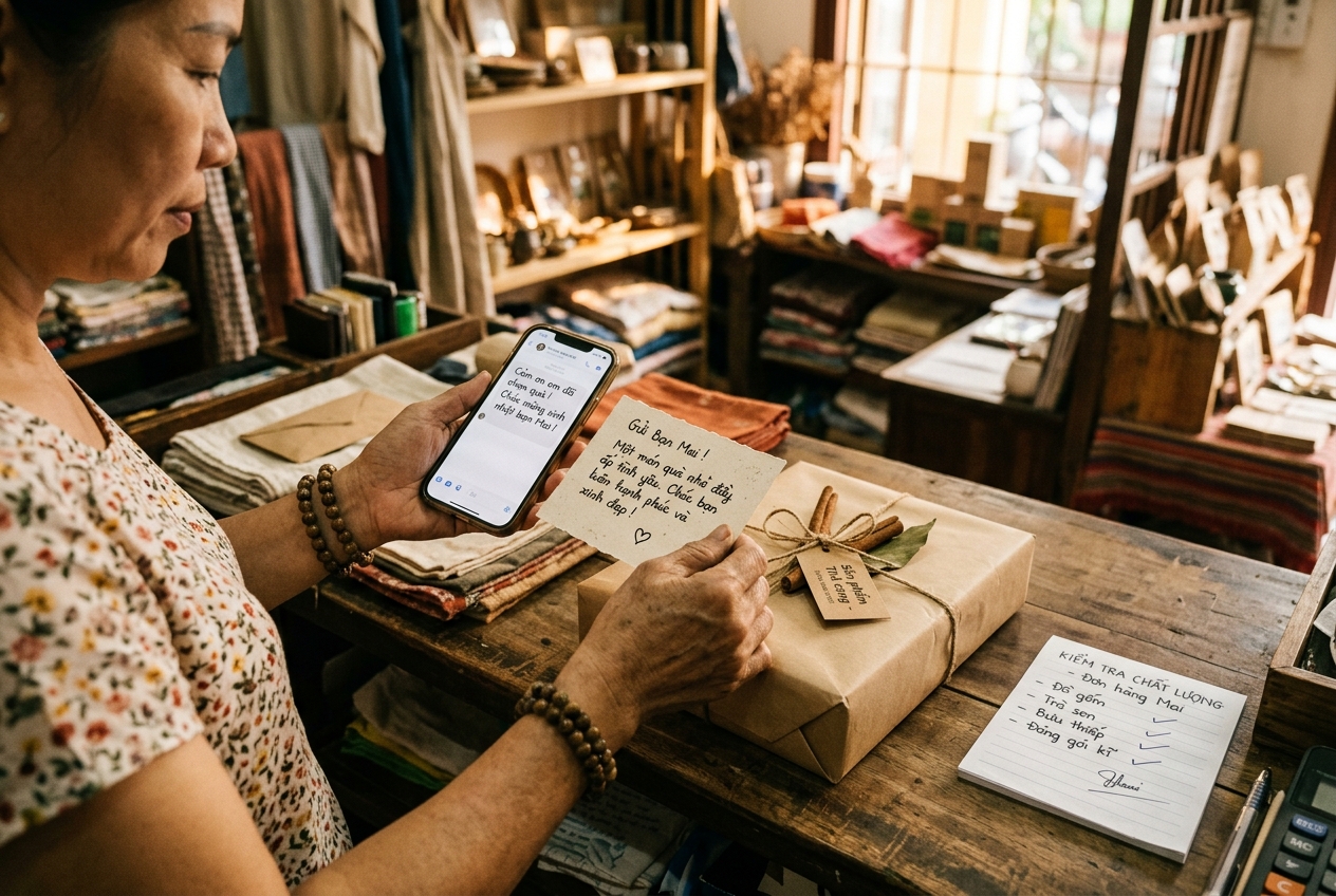 Chủ shop đóng gói quà với card hướng dẫn và checklist kiểm hàng