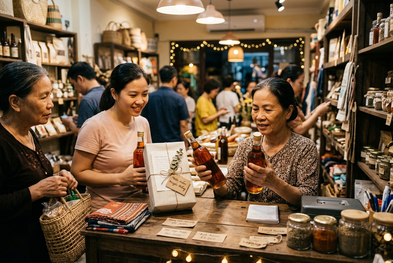 Chủ shop so sánh hai sản phẩm gần giống nhau tại quầy bán