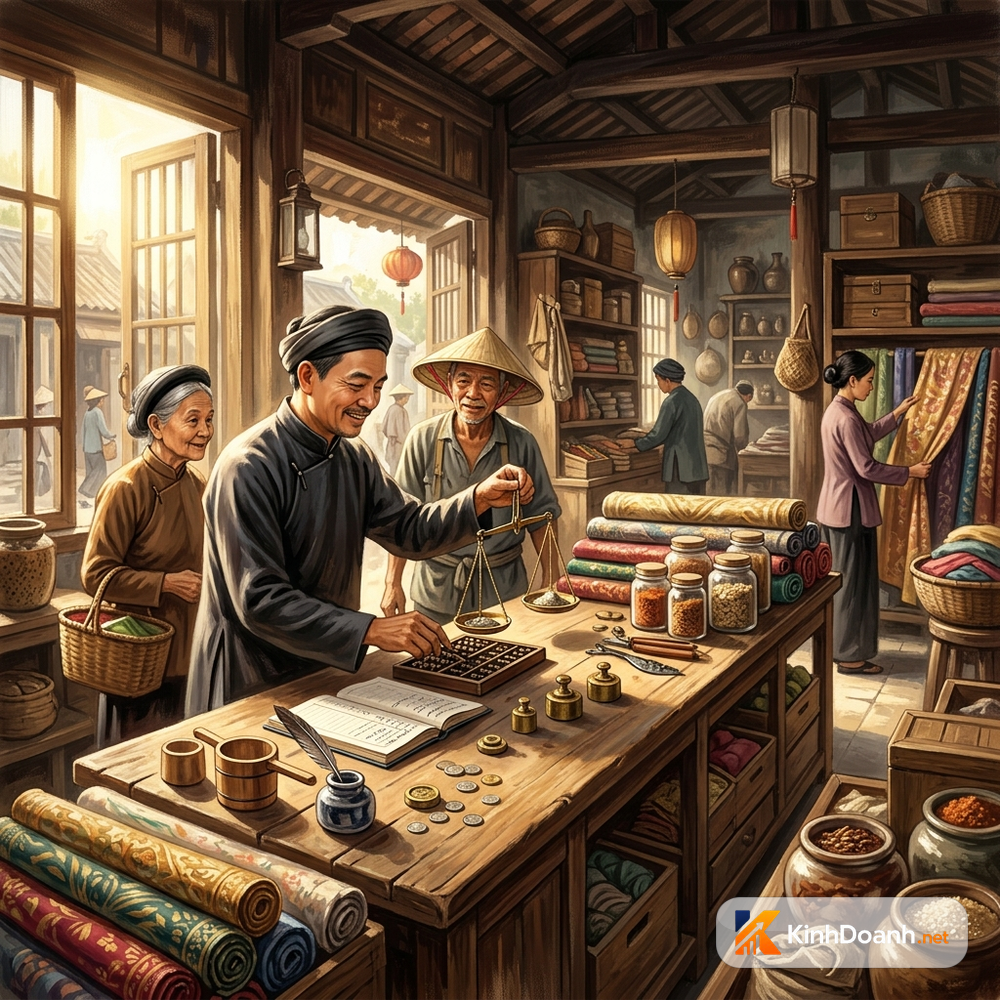 Cửa tiệm xưa với sổ ghi chép, cân đo và bài học chữ tín