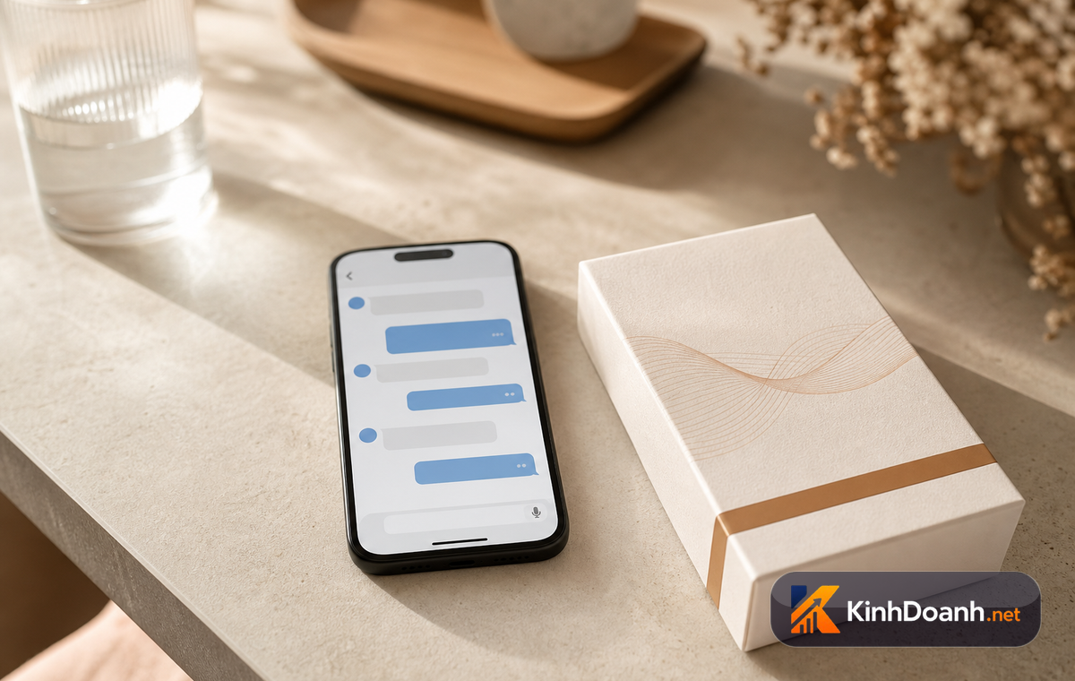 Chủ shop nhắn tin tư vấn cho khách trên điện thoại, giữ thái độ bình tĩnh