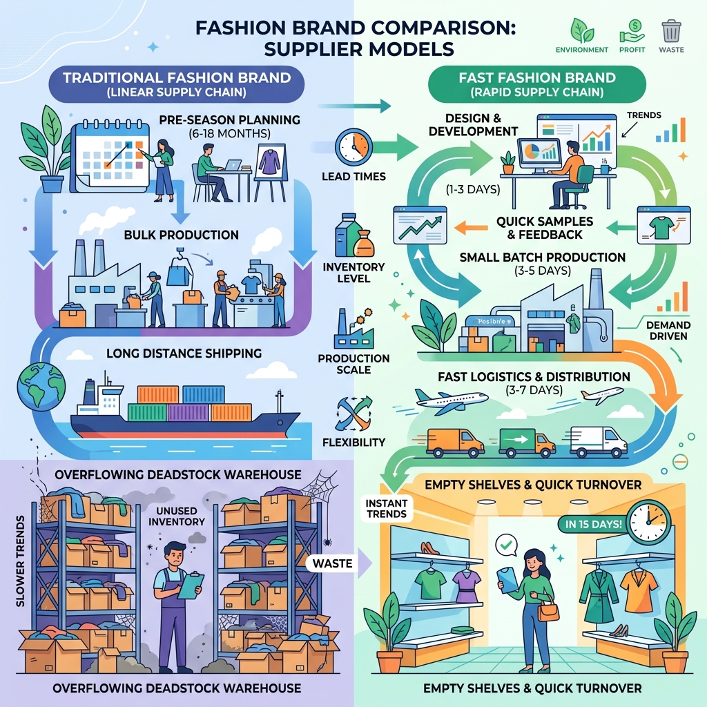 Sơ đồ infographic so sánh vòng đời sản phẩm của Hãng thời trang truyền thống (chờ 6 tháng, tồn kho nhiều) và Zara (sản xuất 2 tuần, số lượng ít, vòng quay nhanh)