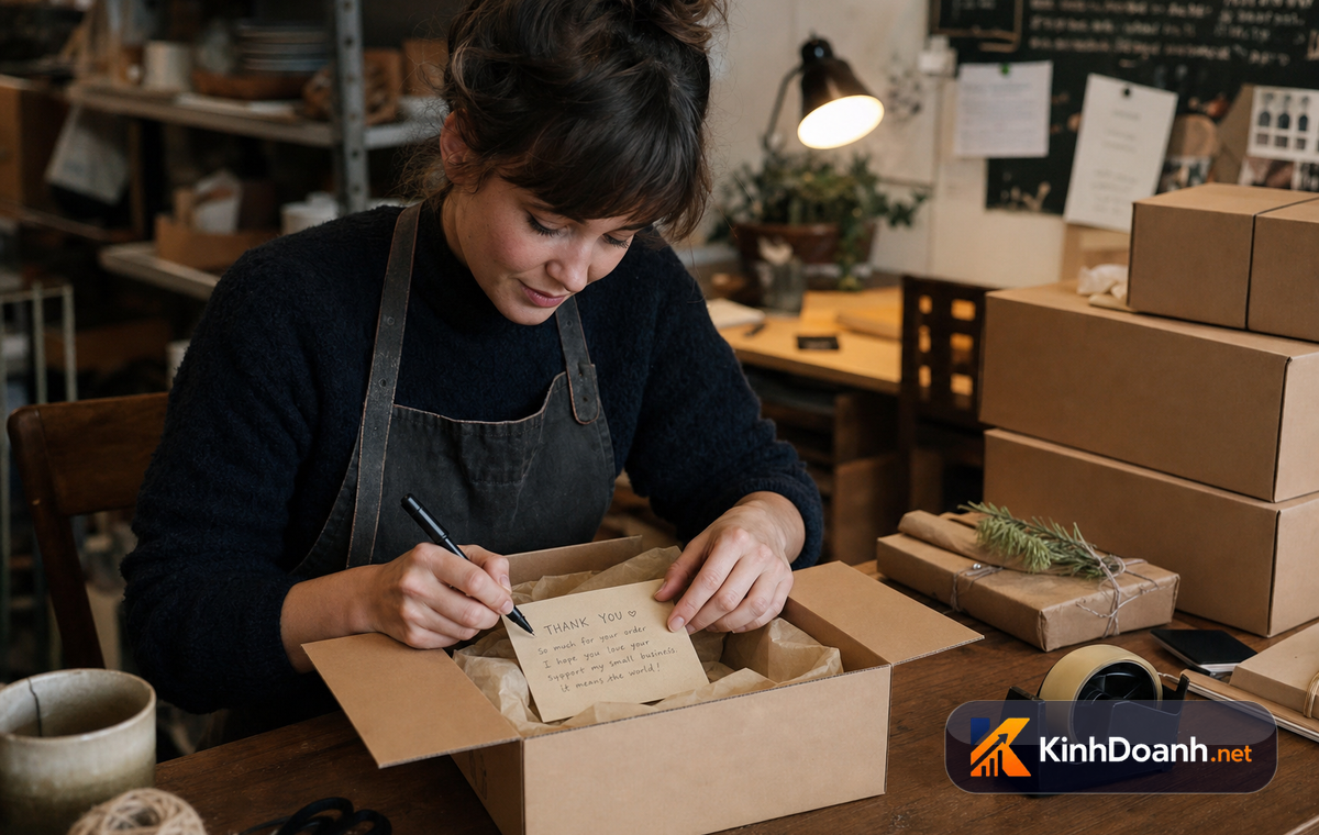 Chủ shop nhỏ tự tay đóng gói hàng kèm thiệp cảm ơn
