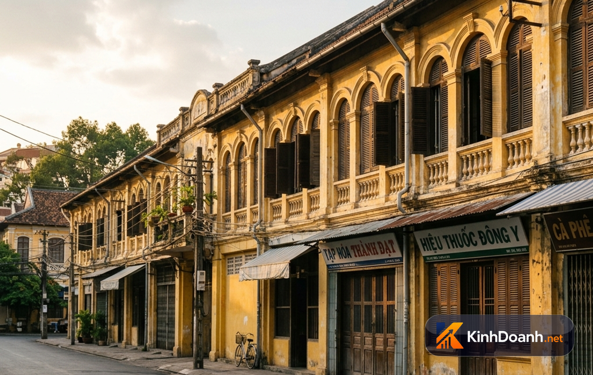 Dãy phố cổ kiến trúc Pháp ở Sài Gòn xưa với mặt tiền vàng và cửa sổ vòm