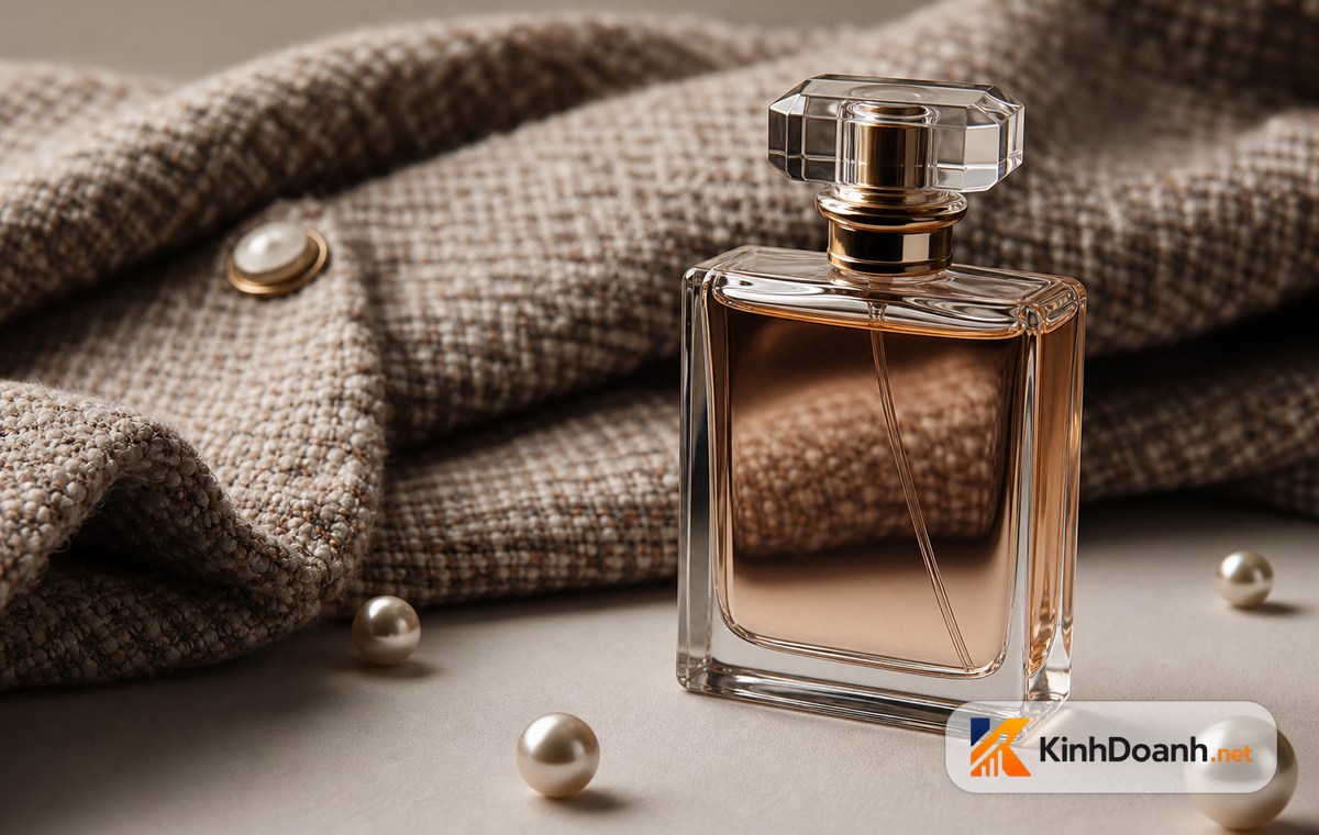 Bộ vải tweed, đầm đen tối giản và túi chần bông trên ma-nơ-canh trong một atelier thời trang