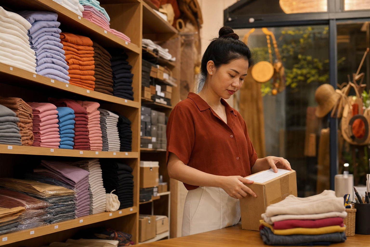 Chủ shop sắp lại nhãn màu trên kệ và kiểm một kiện hàng vào cuối ngày