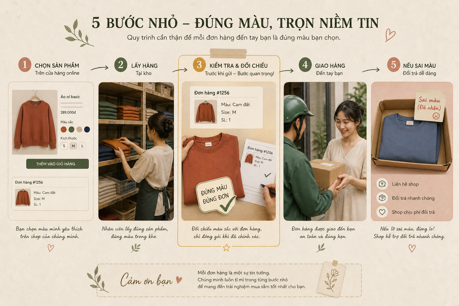Visual minh hoạ hành trình đơn hàng từ lúc chọn màu tới khâu kiểm và xử lý đổi trả
