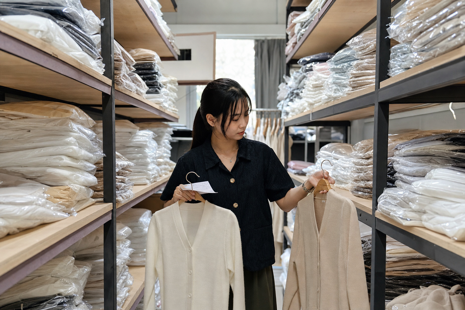 Nhân viên shop nhỏ so sánh hai sản phẩm tông gần nhau trong lúc lấy hàng ở kệ