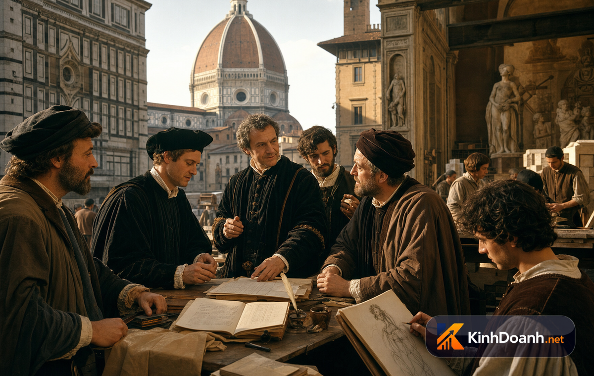 quảng trường Florence xưa với sổ cái ngân hàng, đá cẩm thạch và mái vòm xa xa