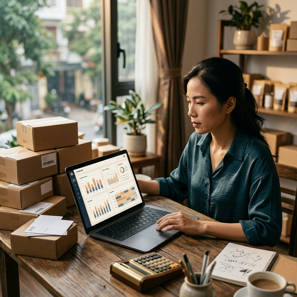 Chủ shop nhỏ theo dõi tồn kho đơn hàng và dòng tiền bằng bảng quản lý đơn giản