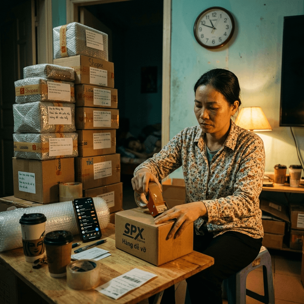 Chủ shop online làm một mình quá tải, đóng gói đơn hàng tới khuya