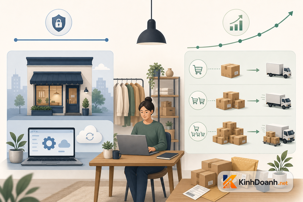 Chủ shop nhìn lịch tháng, đơn hàng và mốc hòa vốn không chữ