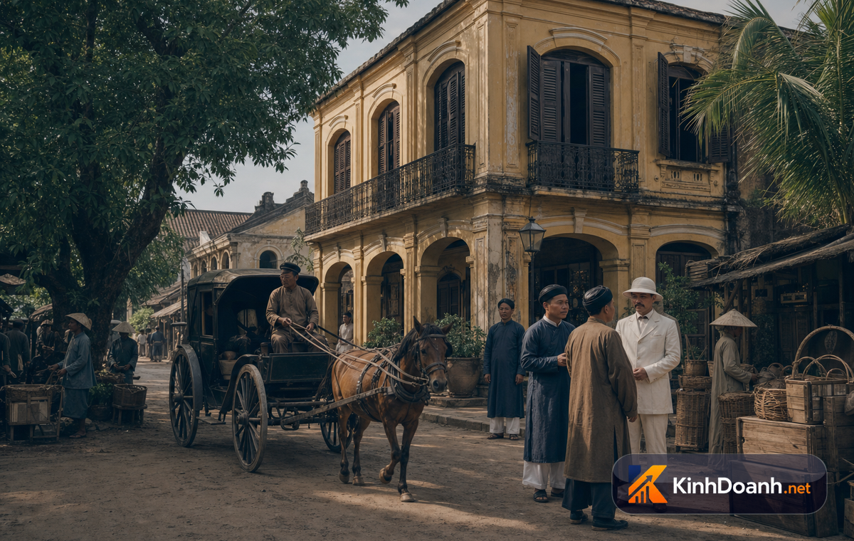 phố Nam Kỳ xưa với dinh thự, xe ngựa và bóng người qua lại