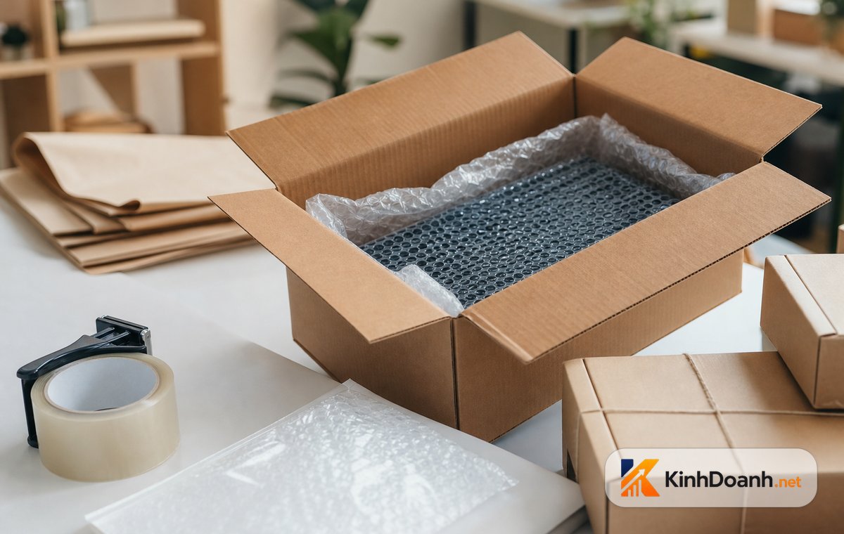 Chủ shop kiểm tra sản phẩm khách gửi trả và chuẩn bị đóng gói lại hàng đổi