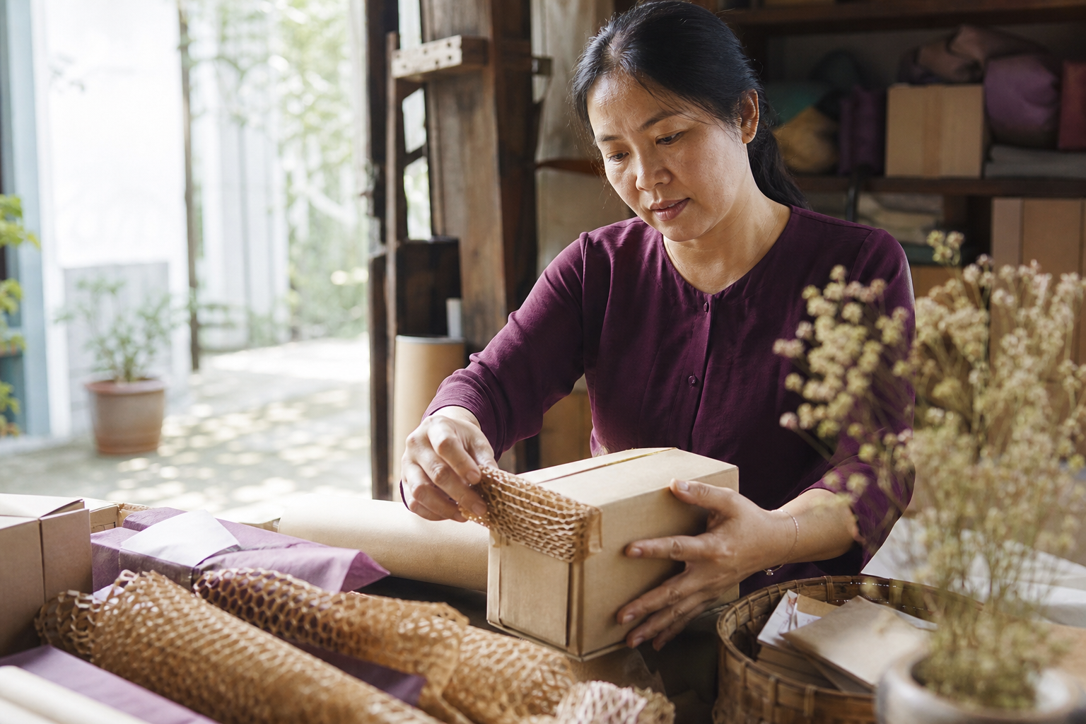 Chủ shop thử một cách bọc hộp mới tại bàn đóng gói