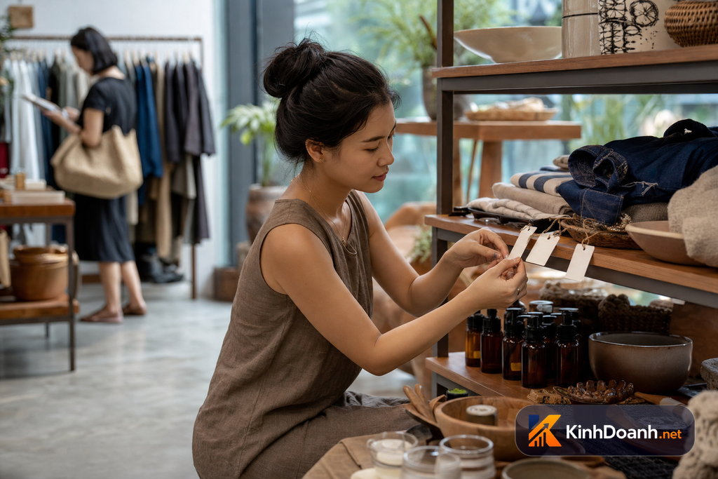 Minh họa chủ shop hiện đại chỉnh lại giá niêm yết và góc trưng bày