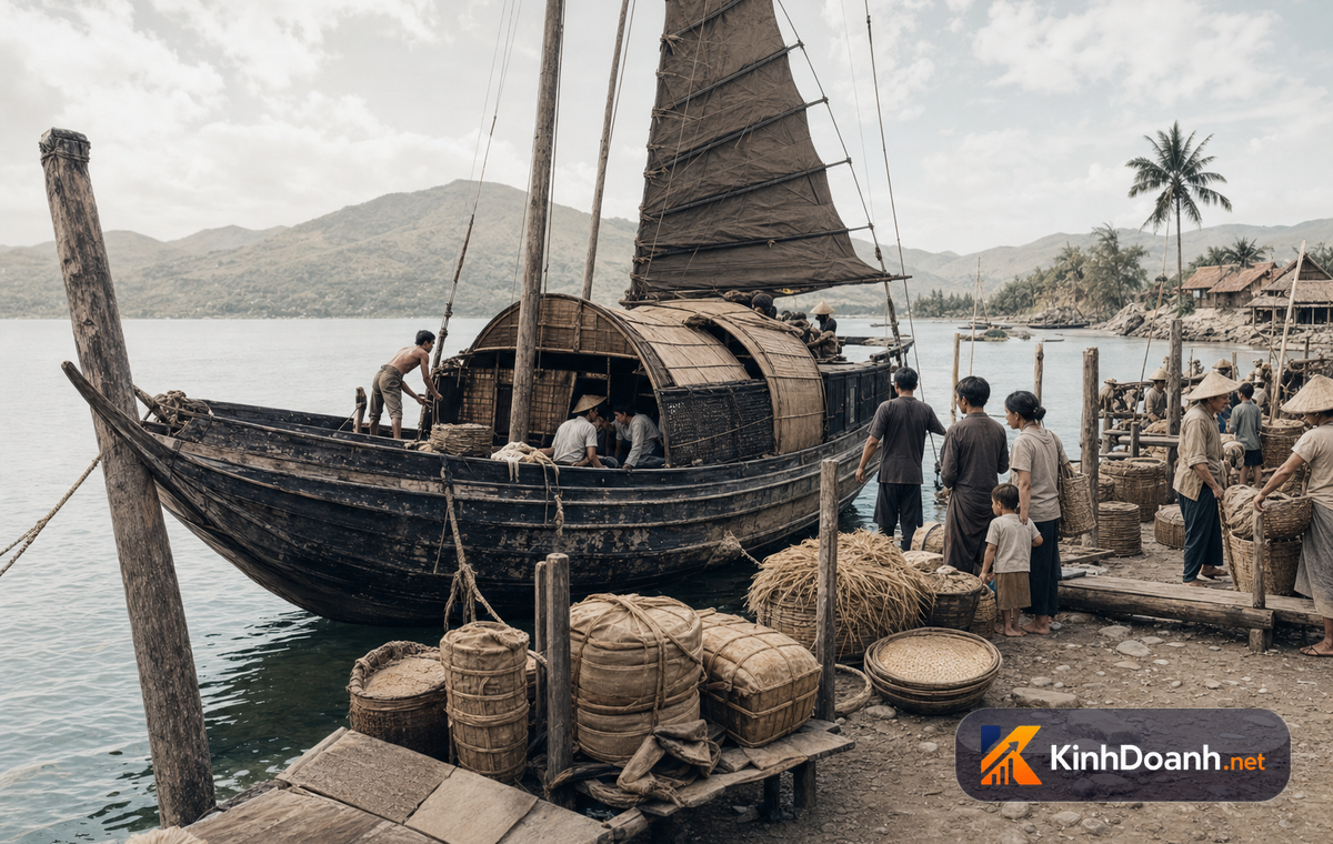 Ghe bầu xưa ở bến cảng với người khuân hàng và bao kiện