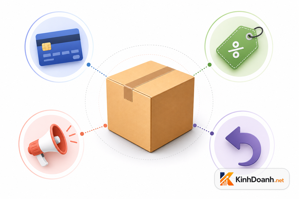 Một đơn hàng online với các khoản bị trừ như bao bì, phí nền tảng, voucher, quảng cáo và hoàn hàng bằng icon