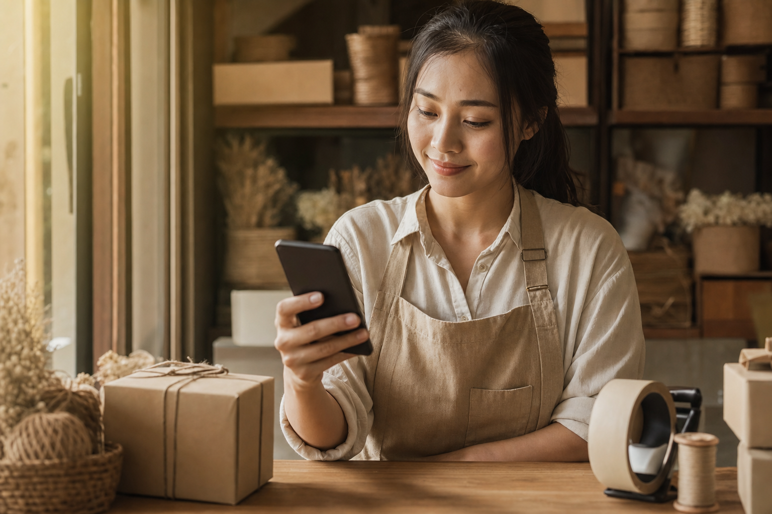 Chủ shop nhận xác nhận giao hàng kín đáo tại bàn đóng gói buổi sáng