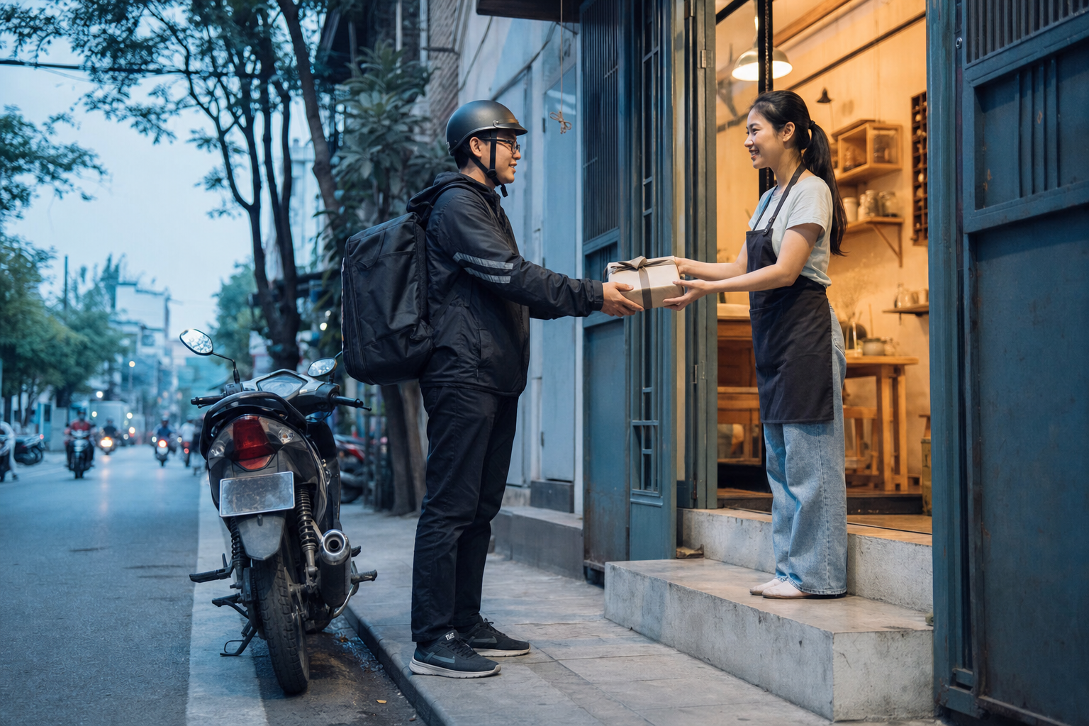 Nhân viên shop bàn giao kiện quà đã gói cho shipper tại cửa tiệm vào cuối buổi chiều