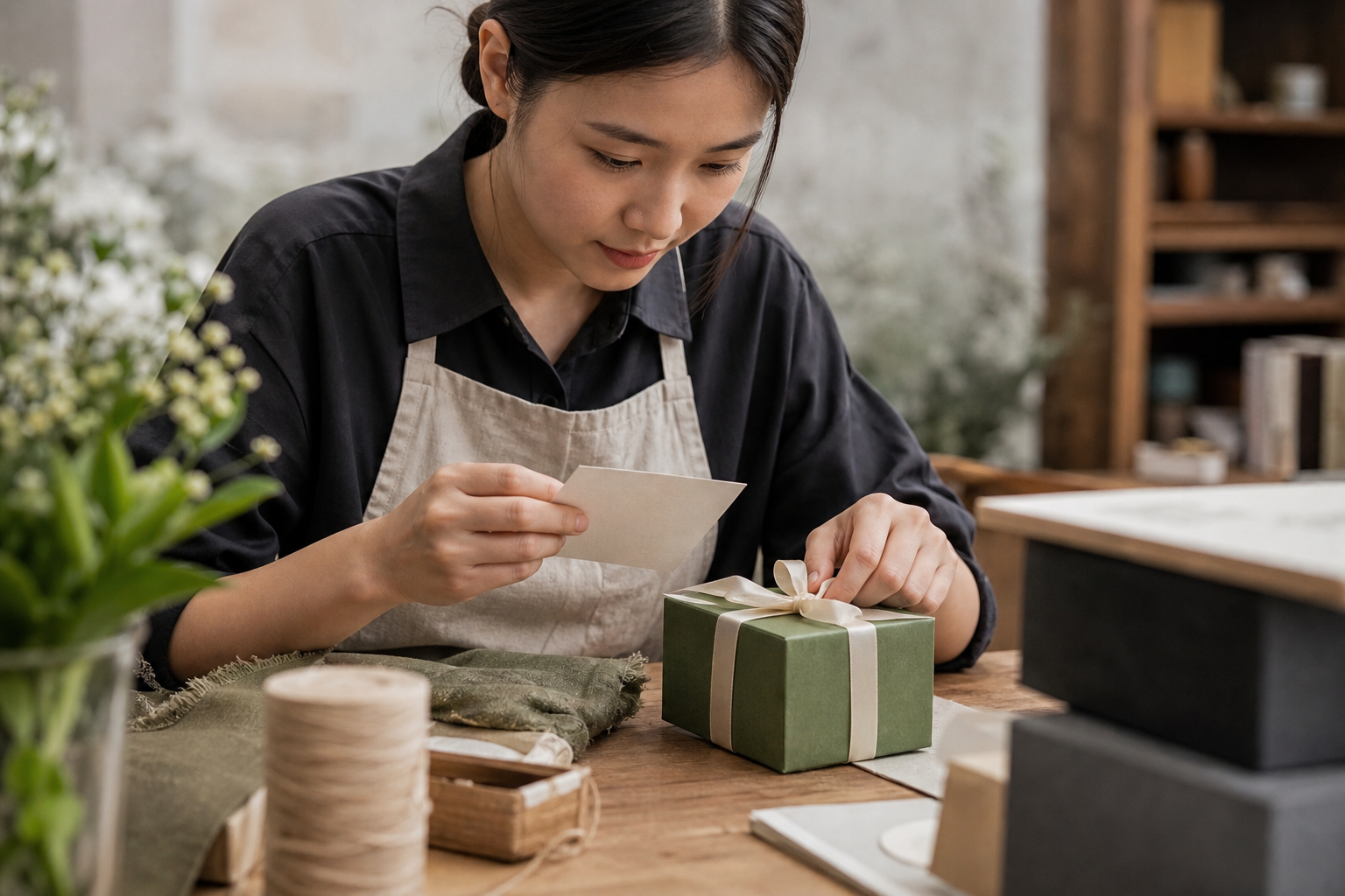 Nhân viên kiểm lời nhắn và buộc ruy băng cho hộp quà dưới ánh sáng tự nhiên