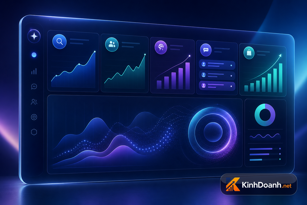 Dashboard SEO kiểu mới gồm brand search, direct traffic, AI mention, inbox và conversion