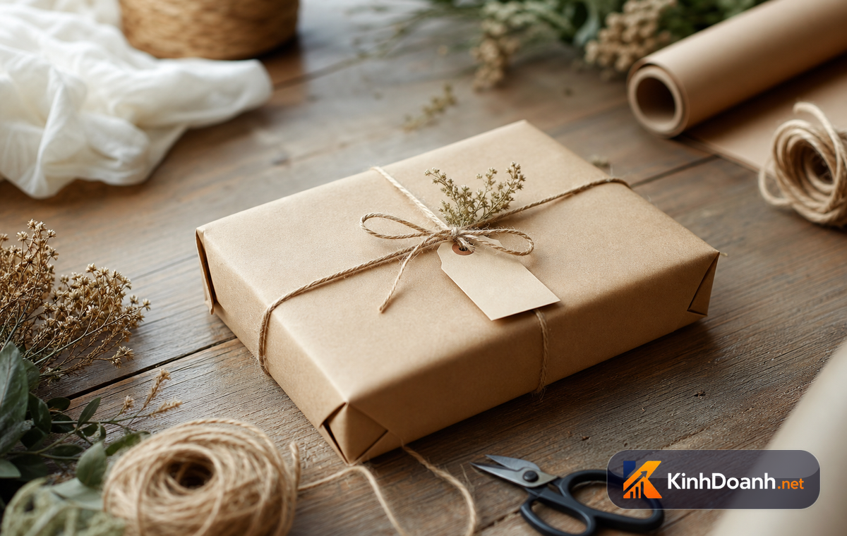 Bàn làm đồ thủ công với nguyên liệu và sản phẩm handmade đang hoàn thiện