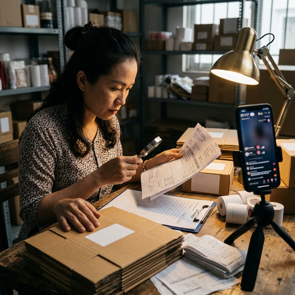 Chủ shop online kiểm tra hóa đơn chứng từ và nhãn sản phẩm trước khi livestream bán hàng