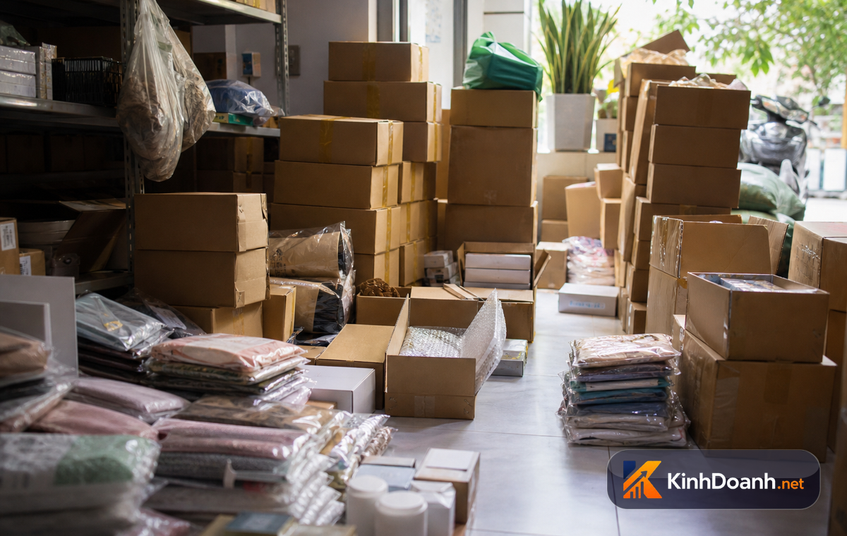 Kho hàng nhỏ của shop online với các thùng và sản phẩm tồn đọng cần phân loại để xử lý