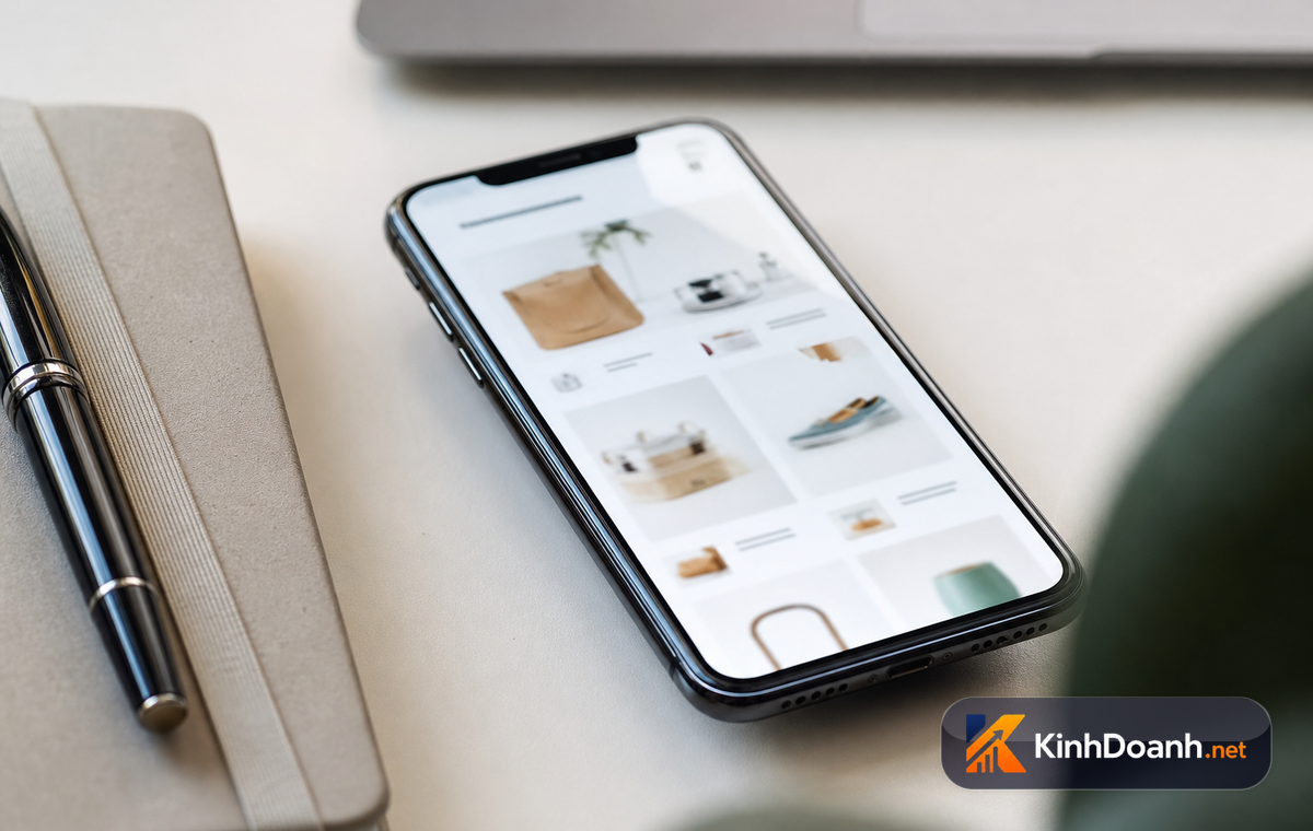 Màn hình điện thoại hiển thị trang shop online với ảnh sản phẩm sáng sủa, gọn gàng