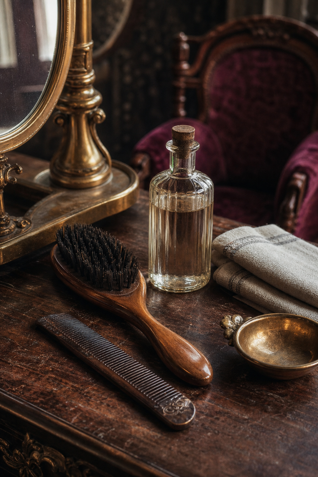 Chiếc lược gỗ, chai chăm tóc không nhãn và khăn linen trên bàn salon cũ