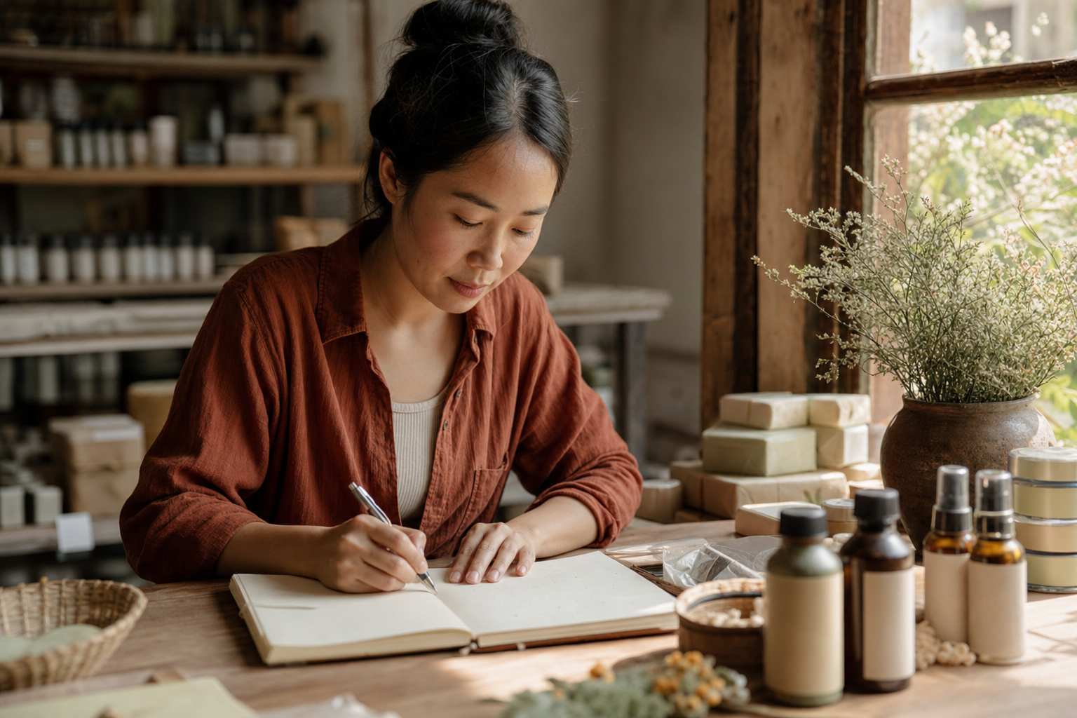 Chủ shop nhỏ ghi lại cách chăm khách trong sổ giữa bàn làm việc sáng